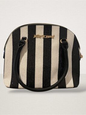 Betsey Johnson Sparkly Black & White Striped Satchel with Gold Logo